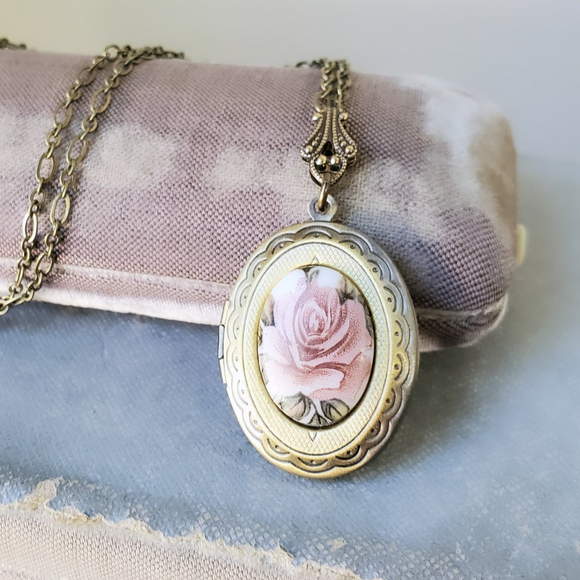 Vintage Rose Cameo Locket Necklace