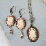 Vintage Floral Cameo Necklace and Earring Set