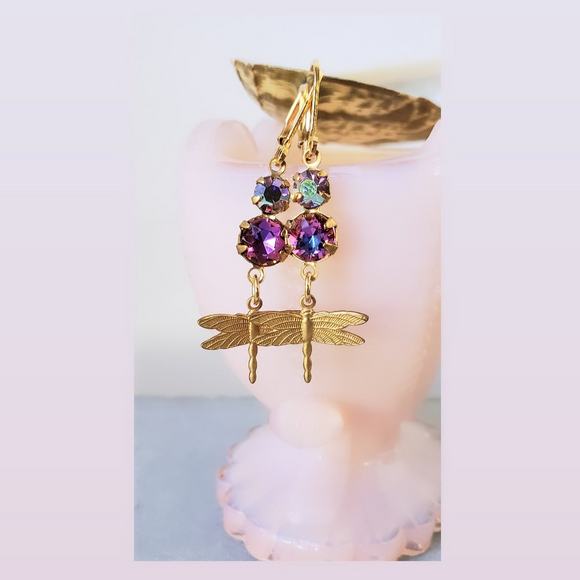 Vintage Rhinestones Dragonfly Earrings