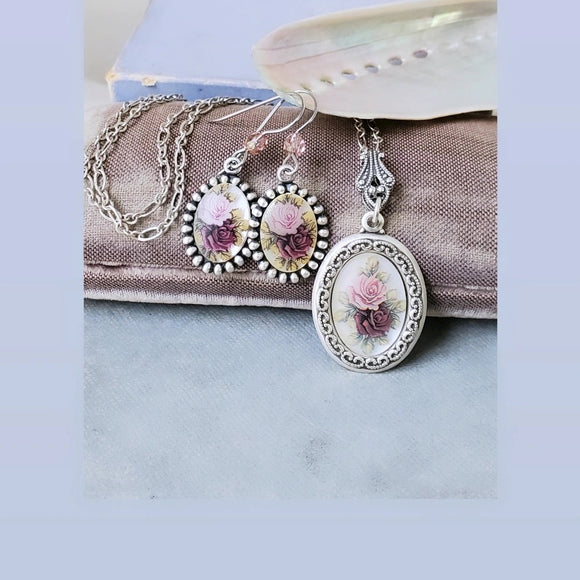 Vintage German Roses Cameo Earrings and Necklace Set