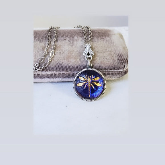 Dragonfly Glass Button Necklace